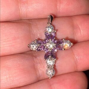 Amethyst and White Zircon 925 Silver Cross Pendant
